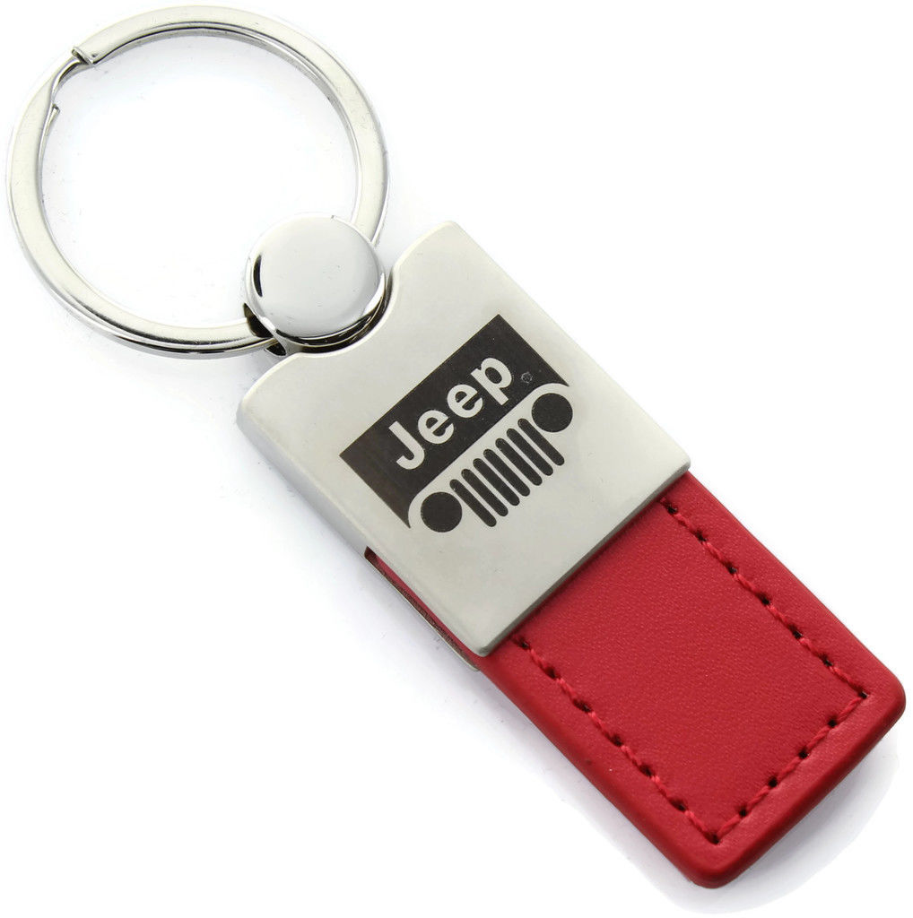 Jeep Grille Red Leather Long Tab Logo Key Ring